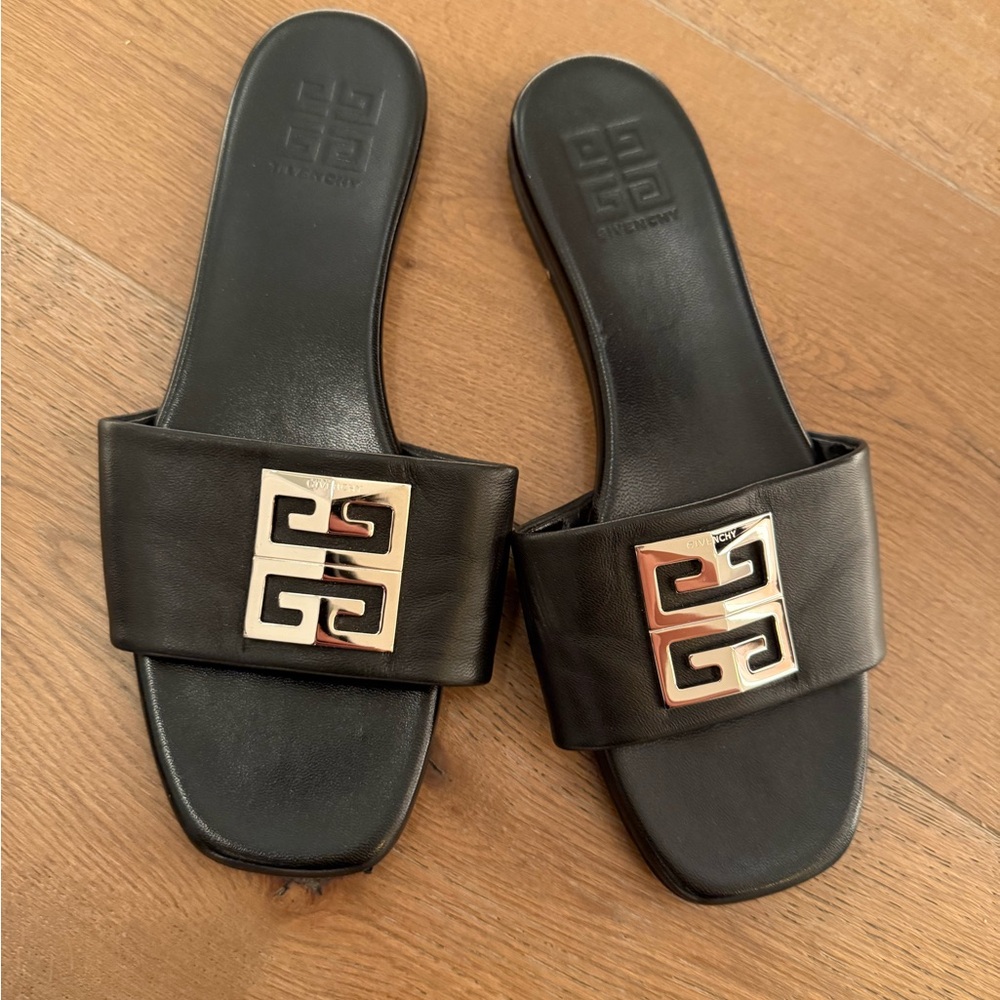 Givenchy Black Leather Sandals with Gold Logo